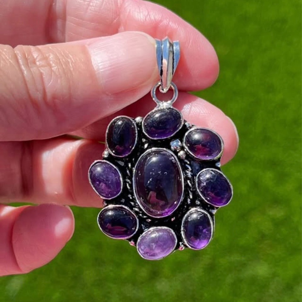 Round Cluster Amethyst Sterling Silver 2” Pendant